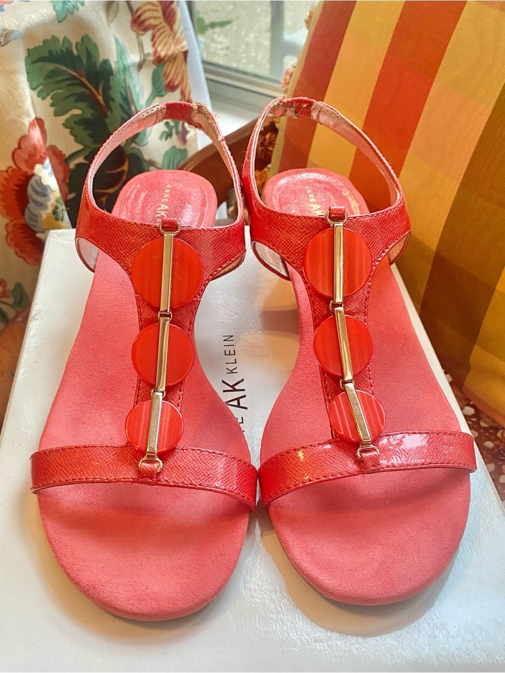 Anne Klein Coral Red T-Strap Slingback Sandals